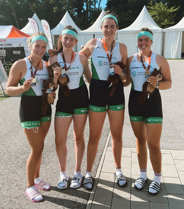 Giselle Coulter, right, with her Irish teammates after their success in the Women's Quadruple sculls at the Coupe de la Jeunesse 2021 in Linz, Austria.