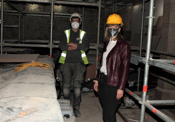 The Rev Emma Carson, curate in St Patrick’s, Ballymena, with David McClimond from builders Stronghold, viewing work in progress in the North Transept of St Patrick’s, Ballymena. Photo: Loraine Watt.