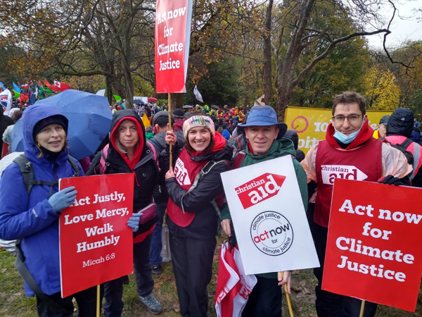 Whitehead parishioner Dr Jeni McAughey (left) with Christian Aid Ireland activists who travelled to Glasgow to join street demonstrations demanding climate justice for developing countries. With Jeni are are, from left: The Rev Cheryl Meban, Helen Newell, Stephen Trew and Darren Vermaak.