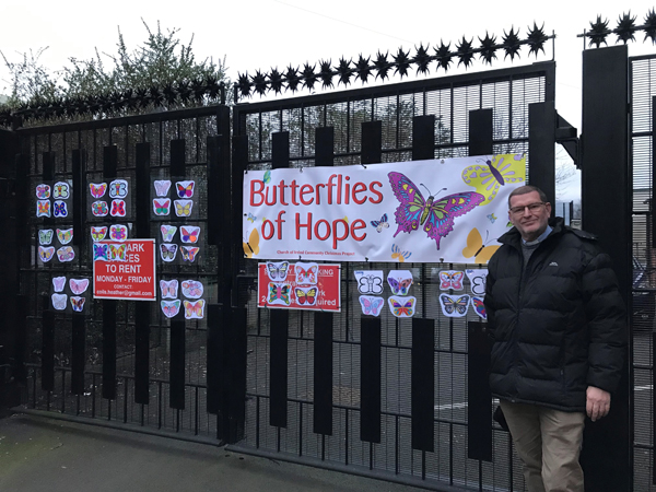 The Rev Canon James Carson with the Butterflies of Hope at St Stephen's.