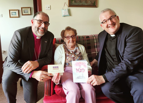 Bishop George and the Rev Malcolm Ferry paid a visit to Agherton Parishioner Mrs Tillie Virtue to mark her 100th birthday.