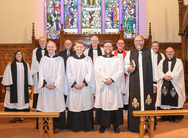 At the Service of Ordination of deacon interns are, front row from left: Lee Boal, Gareth Campbell and Andrew Neill and Bishop George Davison. Back row, from left: The Rev Danielle McCullagh, Archdeacon Barry Forde; the Rev Canon William Taggart, Dean Sam Wright, Archdeacon Stephen McBride, Archdeacon Paul Dundas and the Rev Canon Kevin Graham. Photo by Norman Briggs
