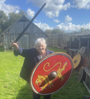 The Rev Carol Harvey in Viking pose!