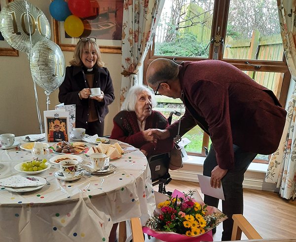 Bishop George wishes Mrs Moreen Rolston BEM a happy 100th birthday. Looking on is the Rev Canon Tracey McRoberts.